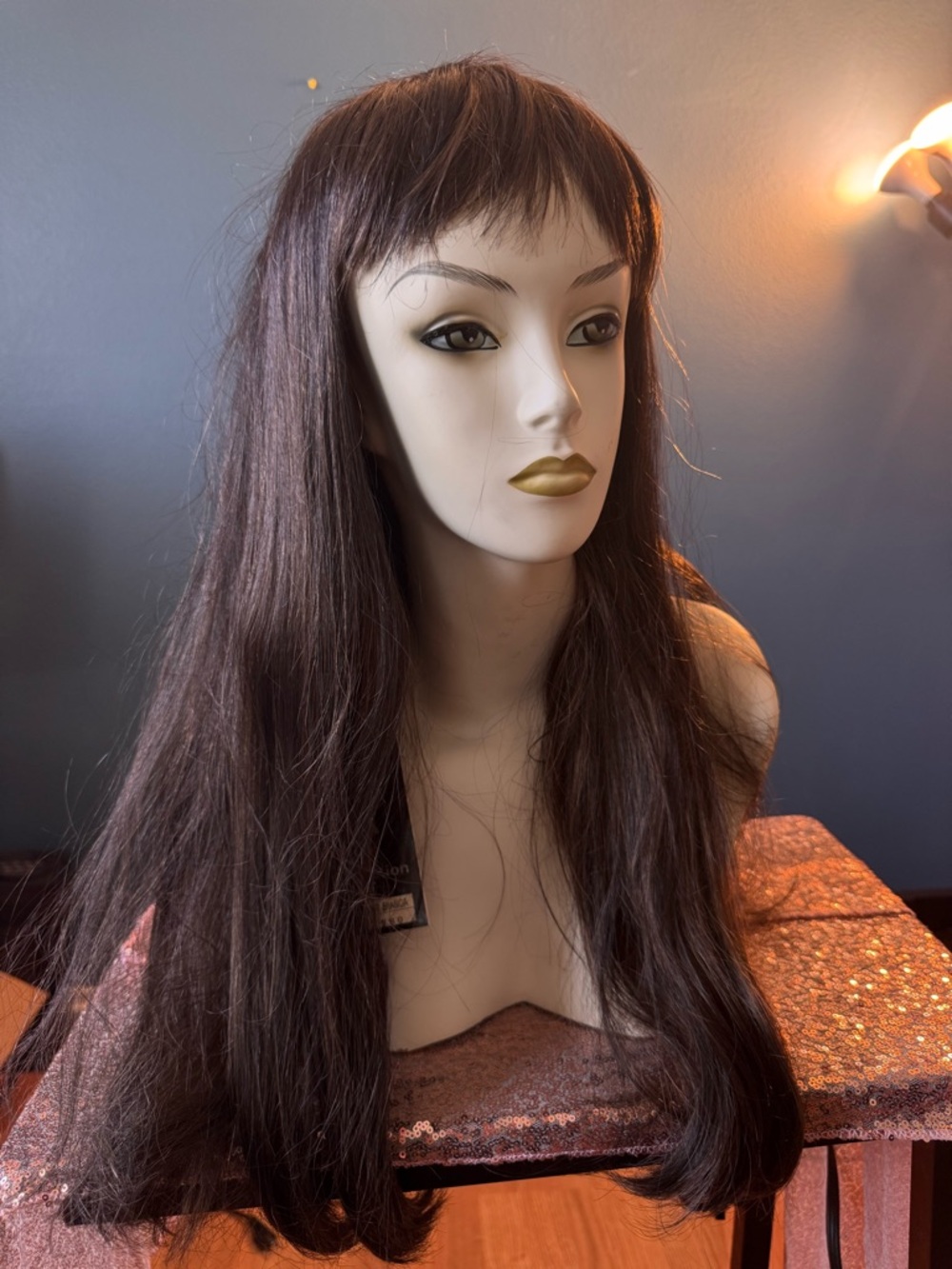 Long Brown Women's Wig with Soft Fringe - Classic Elegant Style
